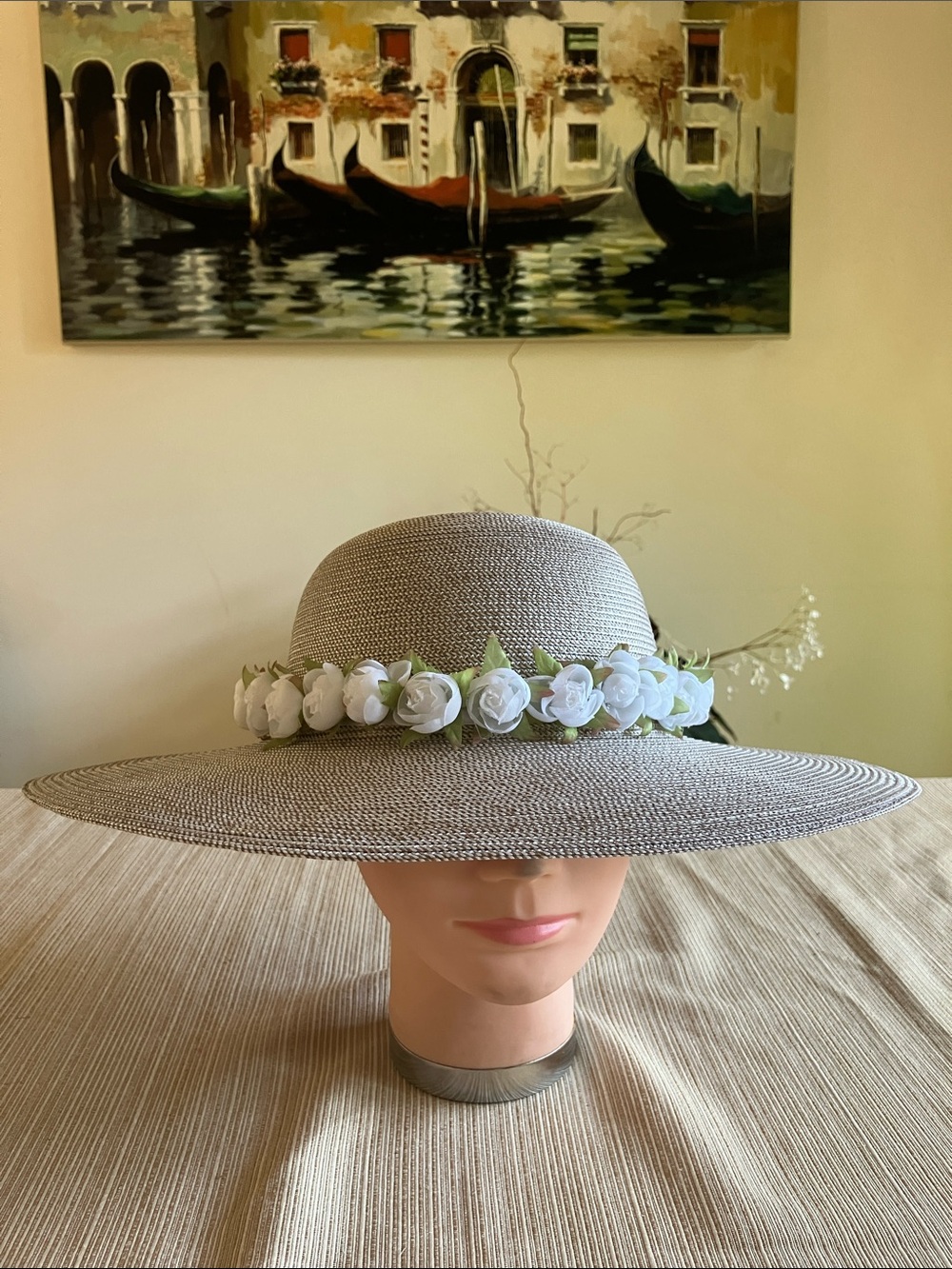 Chic Taupe Wide-Brim Straw Hat with White Flower Band